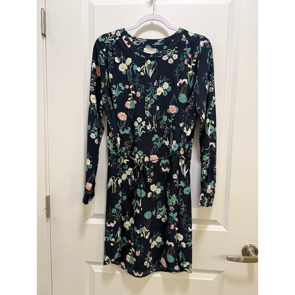 Loft Outlet Navy Floral Long Sleeve Tie Waist Mini Dress Size M